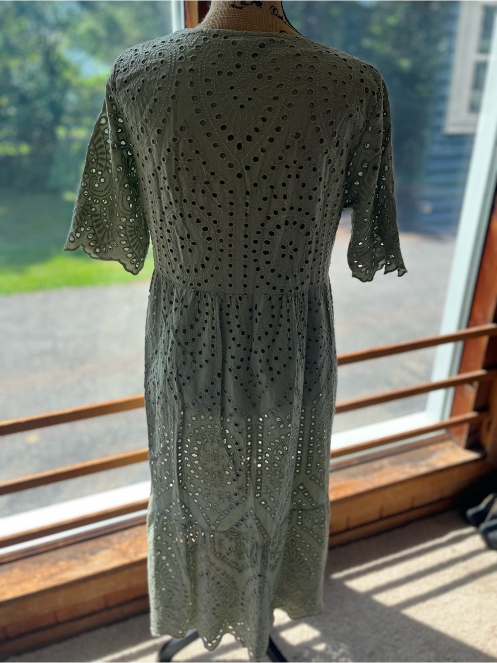 100% Cotton Eyelet Midi Dress in Sage Green